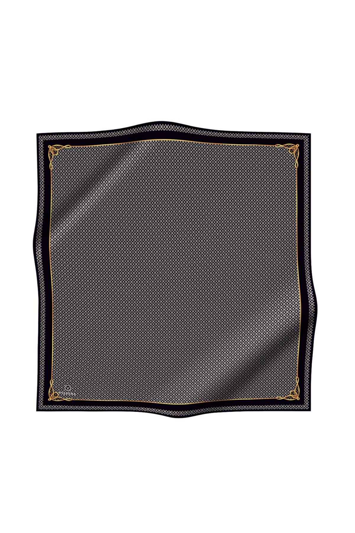%100 Twill İpek Minik Motif Desenli Siyah - Siyah Renkli 90x90 Eşarp Dikim Şekli : El Dikişi
