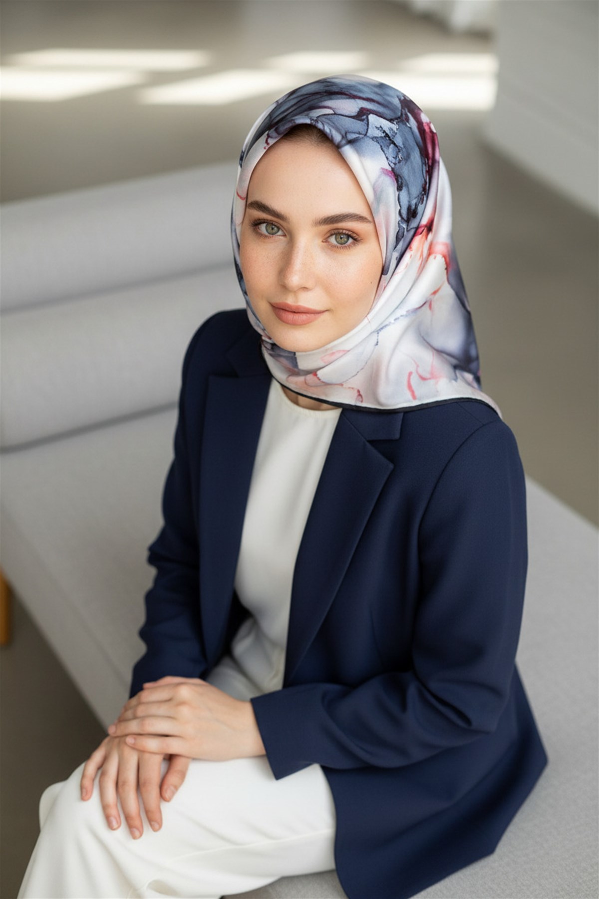 %100 Twill İpek Batik Çiçek Desenli İndigo - Bakır Renkli 90x90 Eşarp Kenar Dikiş Şekli El Dikişli