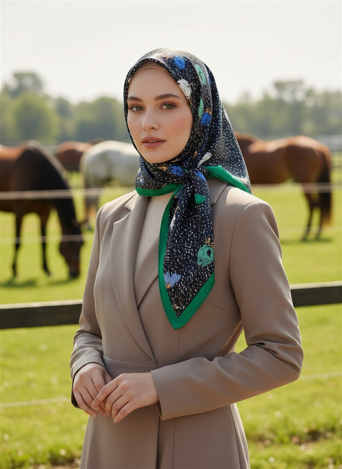 %100 Twill İpek Çıtır Çiçek Desenli Zümrüt Yeşili - Saks Renkli 90x90 Eşarp Dikim Şekli : El Dikişi