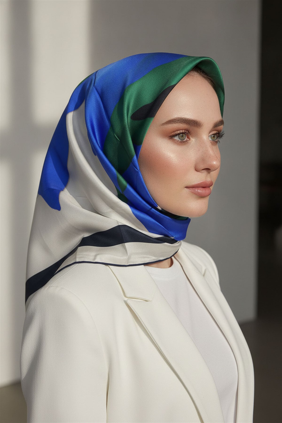 %100 Twill İpek Geometrik Desenli Lacivert - Çam Yeşili Renkli 90x90 Eşarp Dikim Şekli : El Dikişi