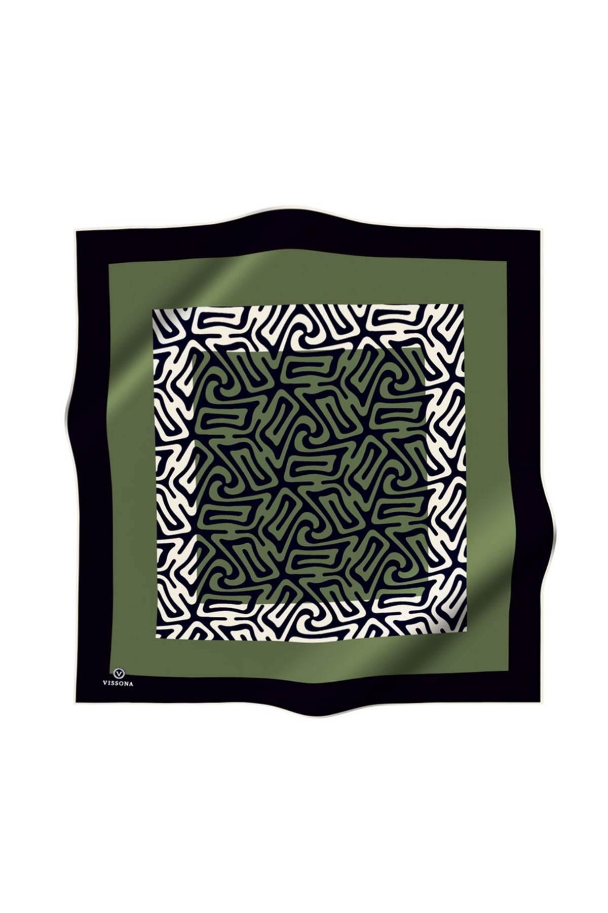 100% Twill İpek Bordürlü Dalga Desenli Siyah - Haki Renkli 90x90 Dikim Şekli : El Dikişi Eşarp