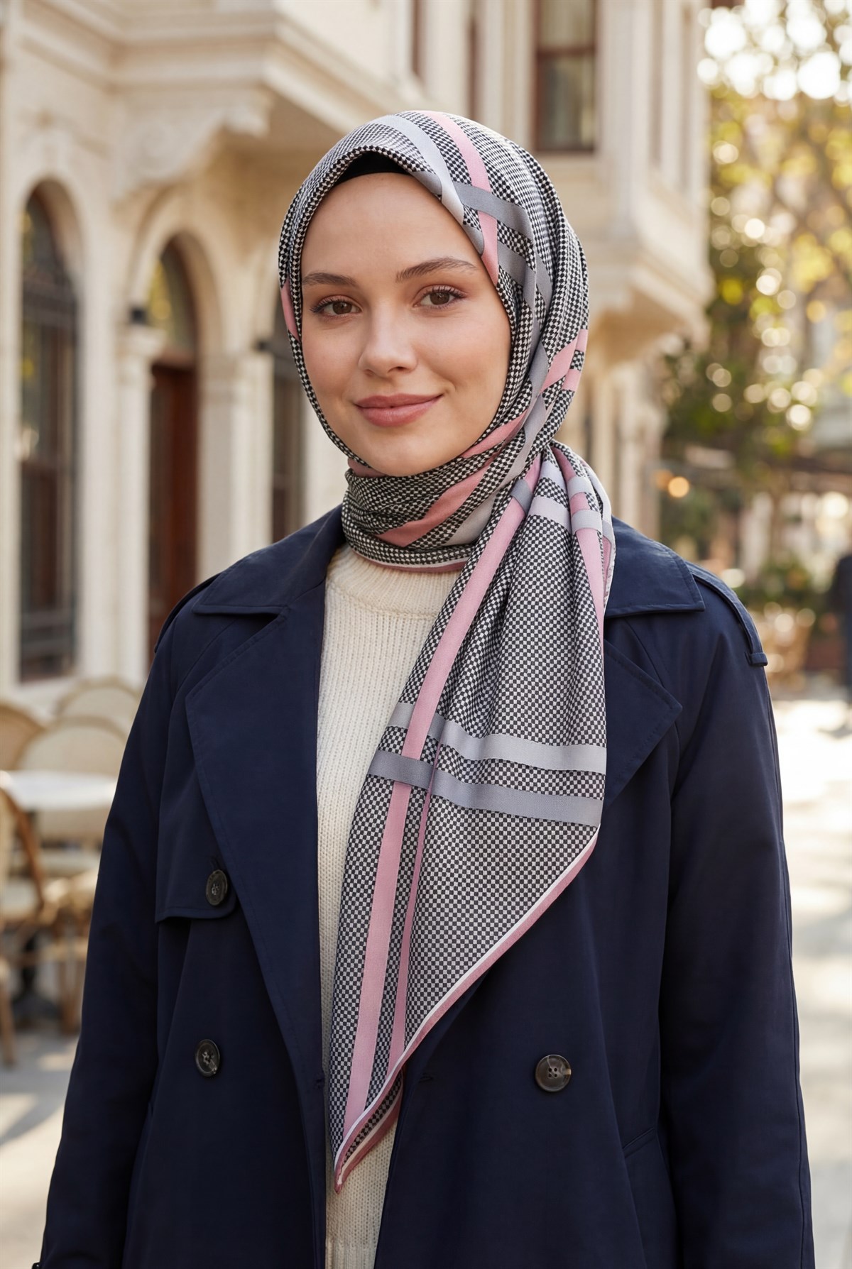 Twill Çizgili Pötikareli Çizgili Desenli Pudra - Gri Renkli 90x90 Eşarp (İpek İçermez)