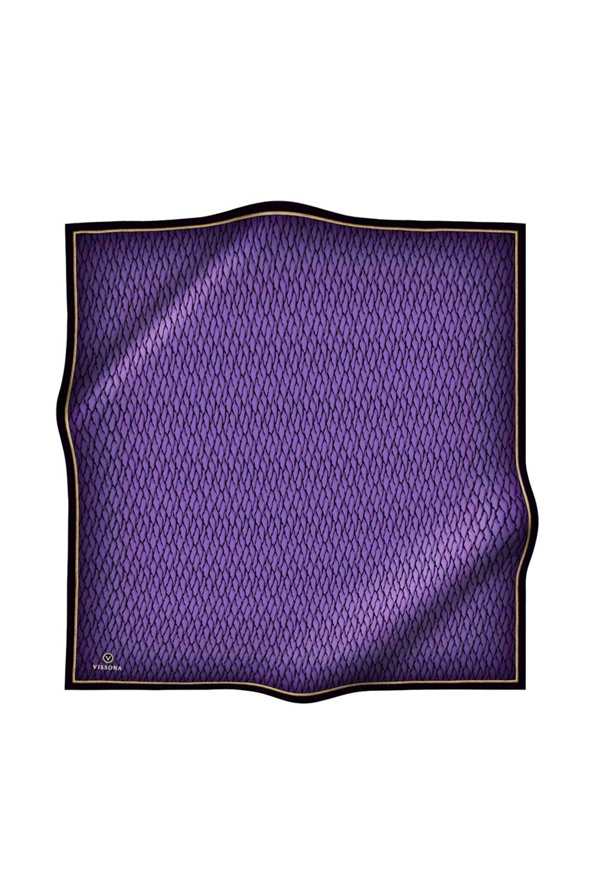 %100 Twill İpek File Desenli Lila - Siyah Renkli 90x90 Eşarp Dikim Şekli : El Dikişi