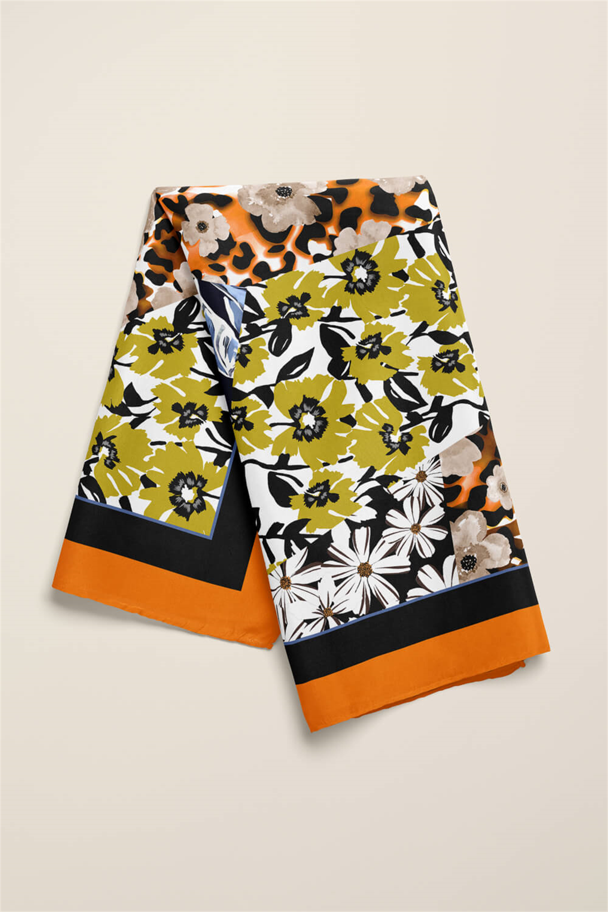 H47 Kadın Sarı Mavi Çiçek Desenli 50x50 Bandana HYL DG01631-22