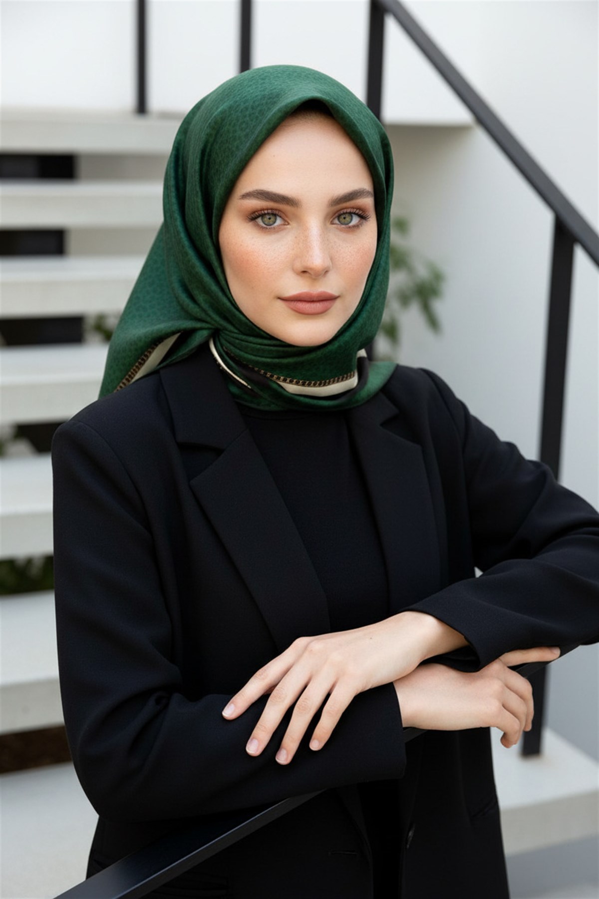 %100 Twill İpek Leopar Desenli Zümrüt Yeşili Renkli 90x90 Eşarp Dikim Şekli : El Dikişi