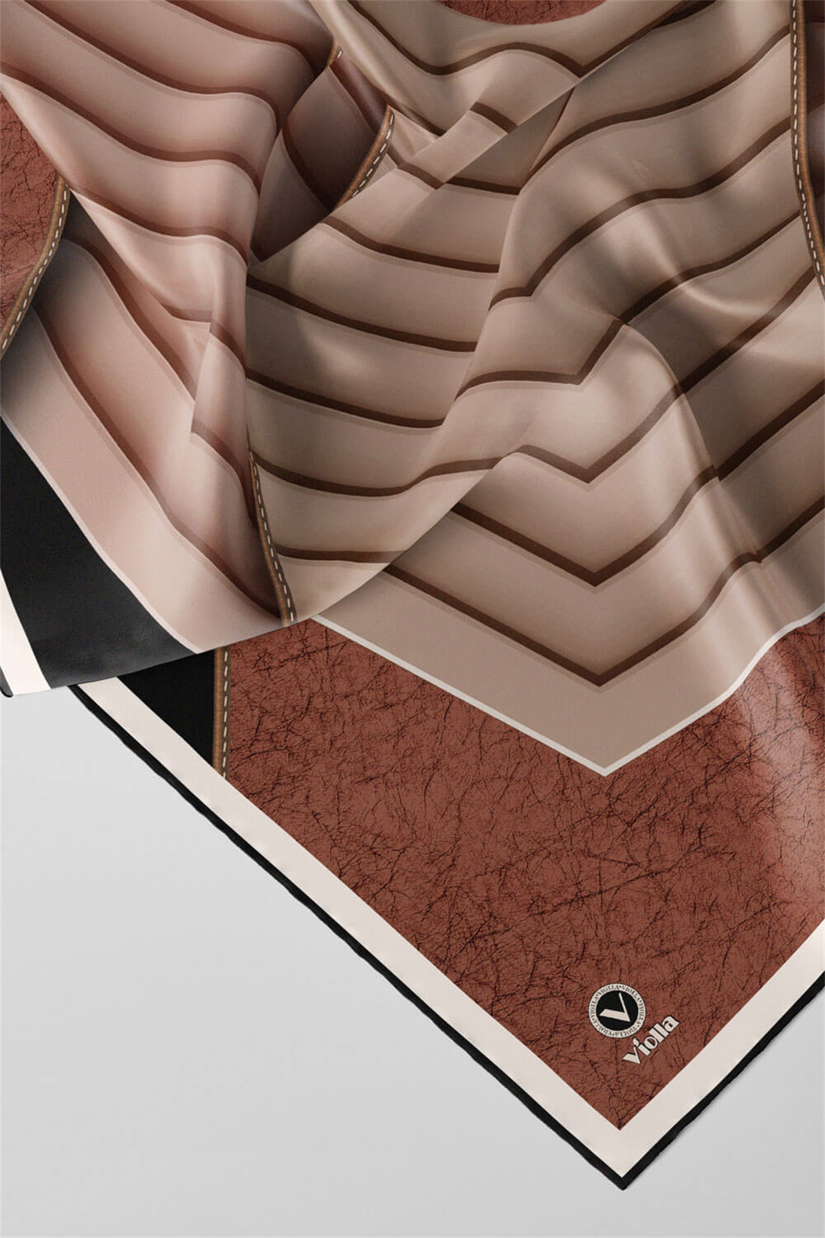 Twill Zigzag Desenli Bakır Renkli 90x90 Eşarp (İpek İçermez) Kenar Dikiş Şekli El Dikişli