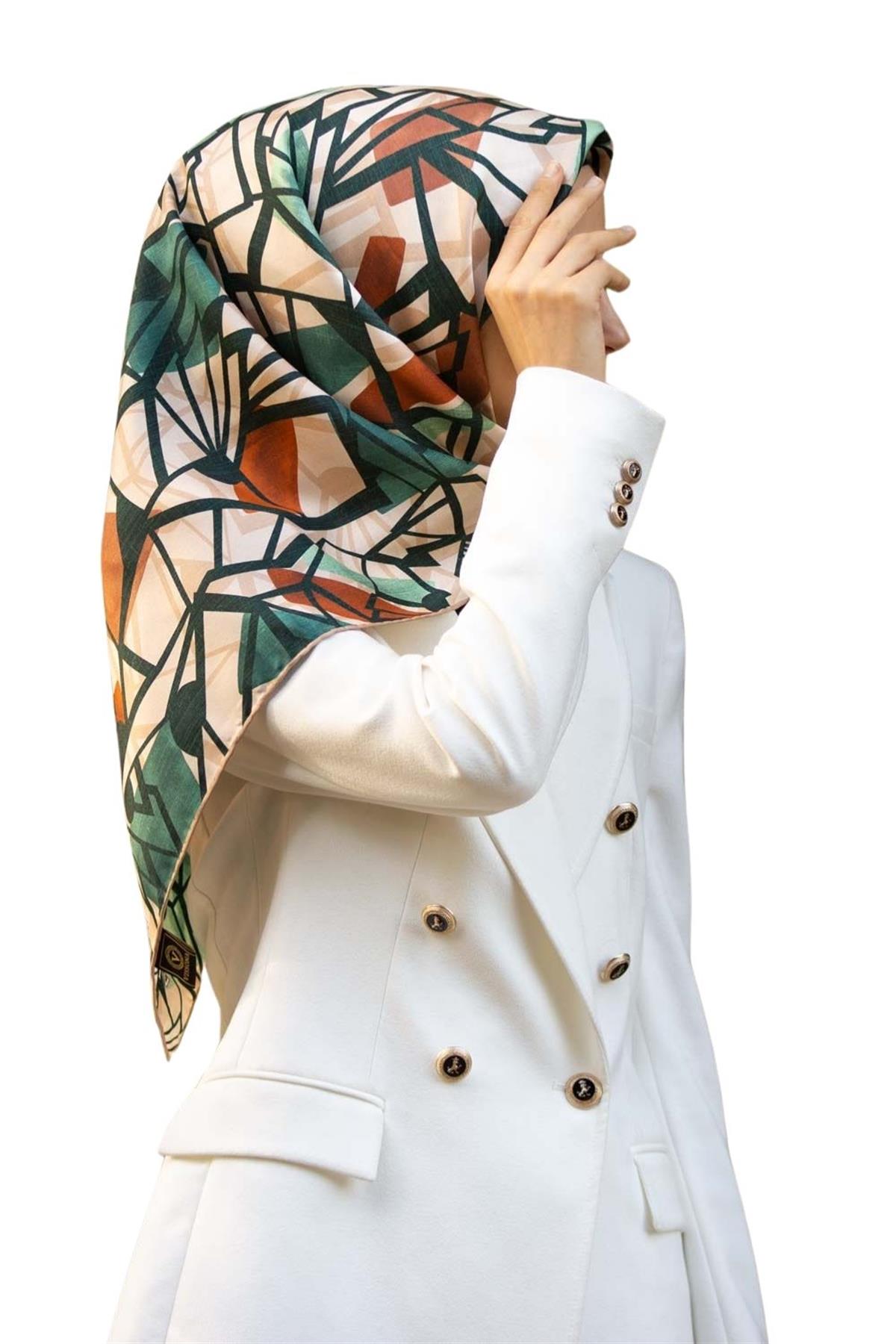 %100 Twill Renkli Petek Desenli Hardal - Petrol Yeşili Renkli 90x90 Eşarp Dikim Şekli: El Dikişii