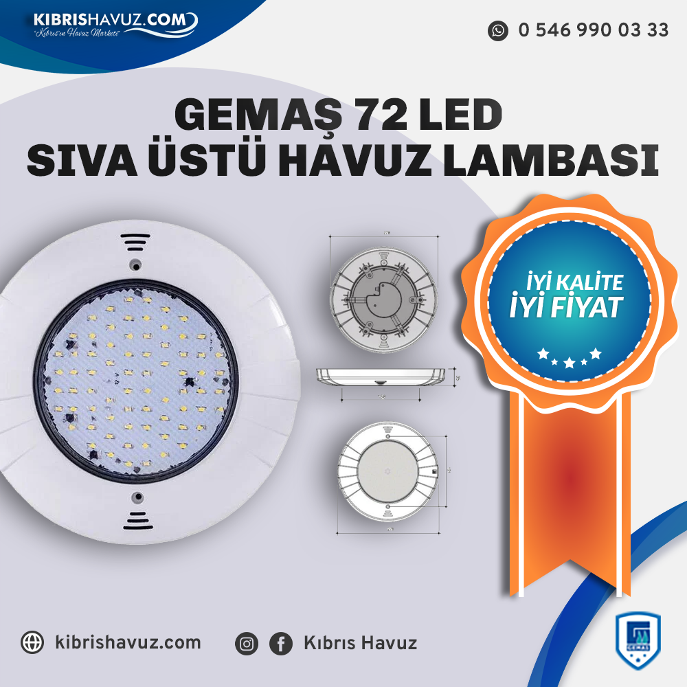 Gemaş 72 Led Sıva Üstü Havuz Lambası | Havuz Aydınlatma | Havuz Aydınlatma | RGB Ledli Sıva Altı Lamba Beton ve Liner Havuzlar için | BRT | Havuz.com.tr - Havuz Malzemeleri & Ekipmanları