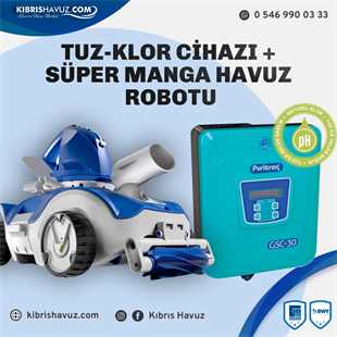 Tuz Klor Cihazı + Süper Manga Havuz Robotu + Test Kit ve Termometre Hediyeli | Havuz Temizlik Setleri | Tuz Klor Cİhazı + Cosmy 250 Tam Otomatik Havuz Robotu+ Test Kit ve Termometre Hediyeli | kibrishavuz.com