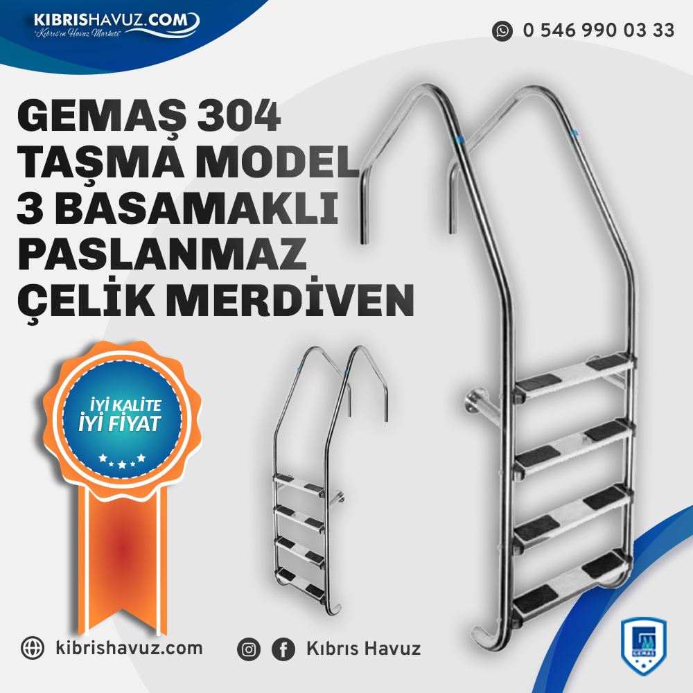 Gemaş Paslanmaz Çelik Taşma Model 3 Basamaklı Merdiven | Havuz Merdivenleri | Gemaş Paslanmaz Çelik Taşma Model 3 Basamaklı Merdiven
