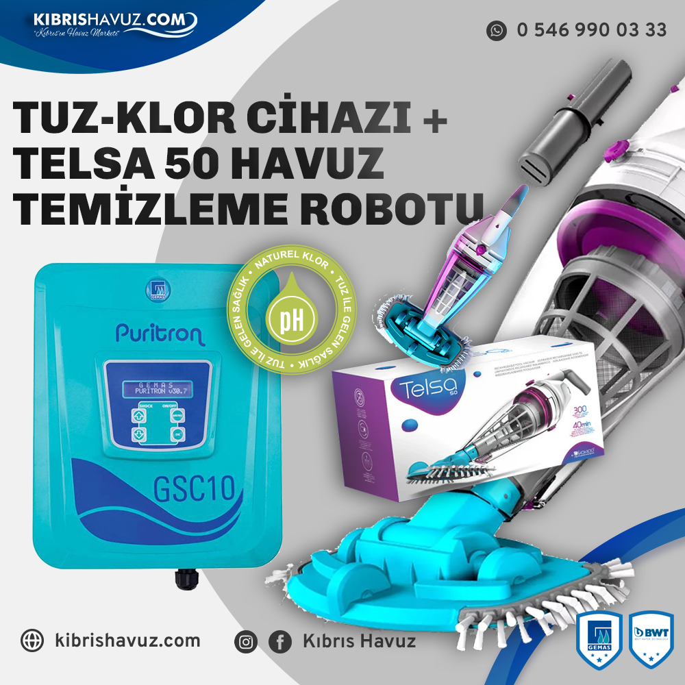 Tuz Klor Cihazı + Telsa 50 Havuz Temizleme Robotu Test Kit ve Termometre Hediyeli | Havuz Temizlik Setleri | Tuz Klor Cihazı + Telsa 50 Havuz Temizleme Robotu + Test Kit ve Termometre Hediyeli | kibrishavuz.com