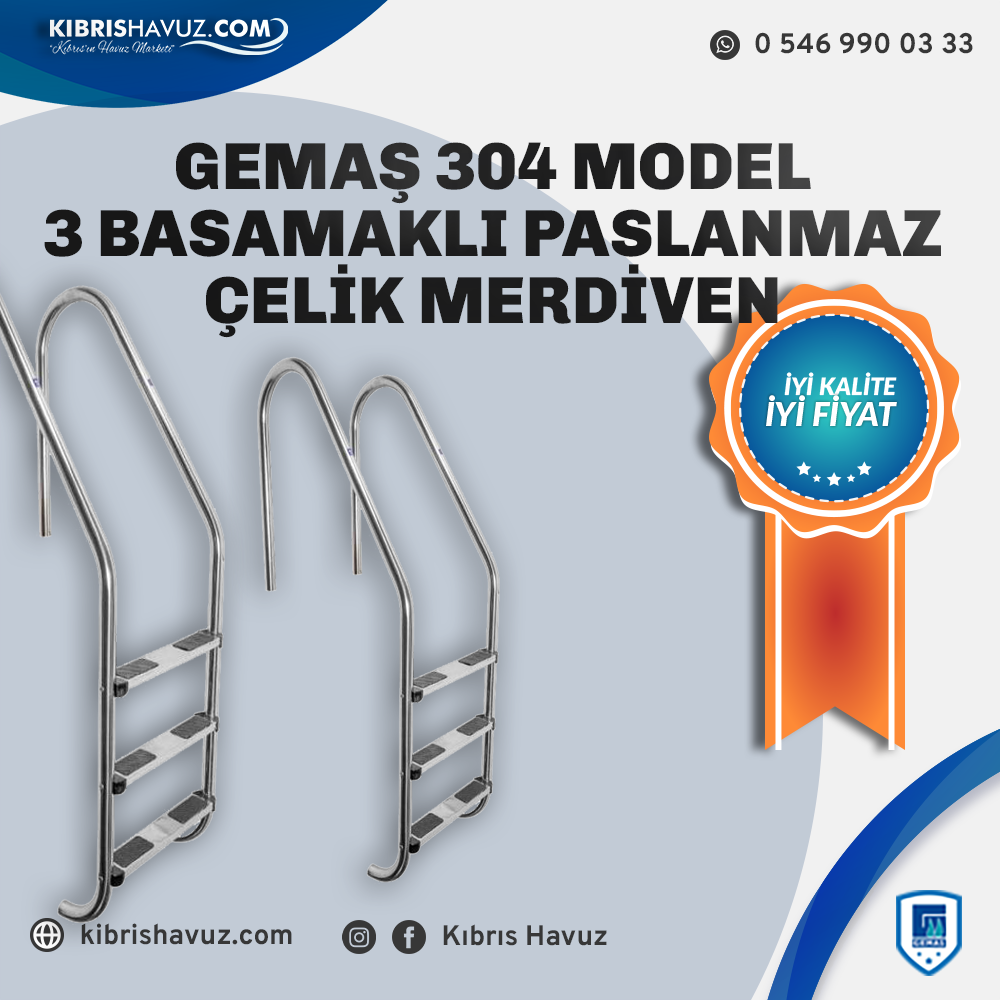 Gemaş Paslanmaz Çelik 3 Basamaklı Merdiven | Havuz Merdivenleri | 