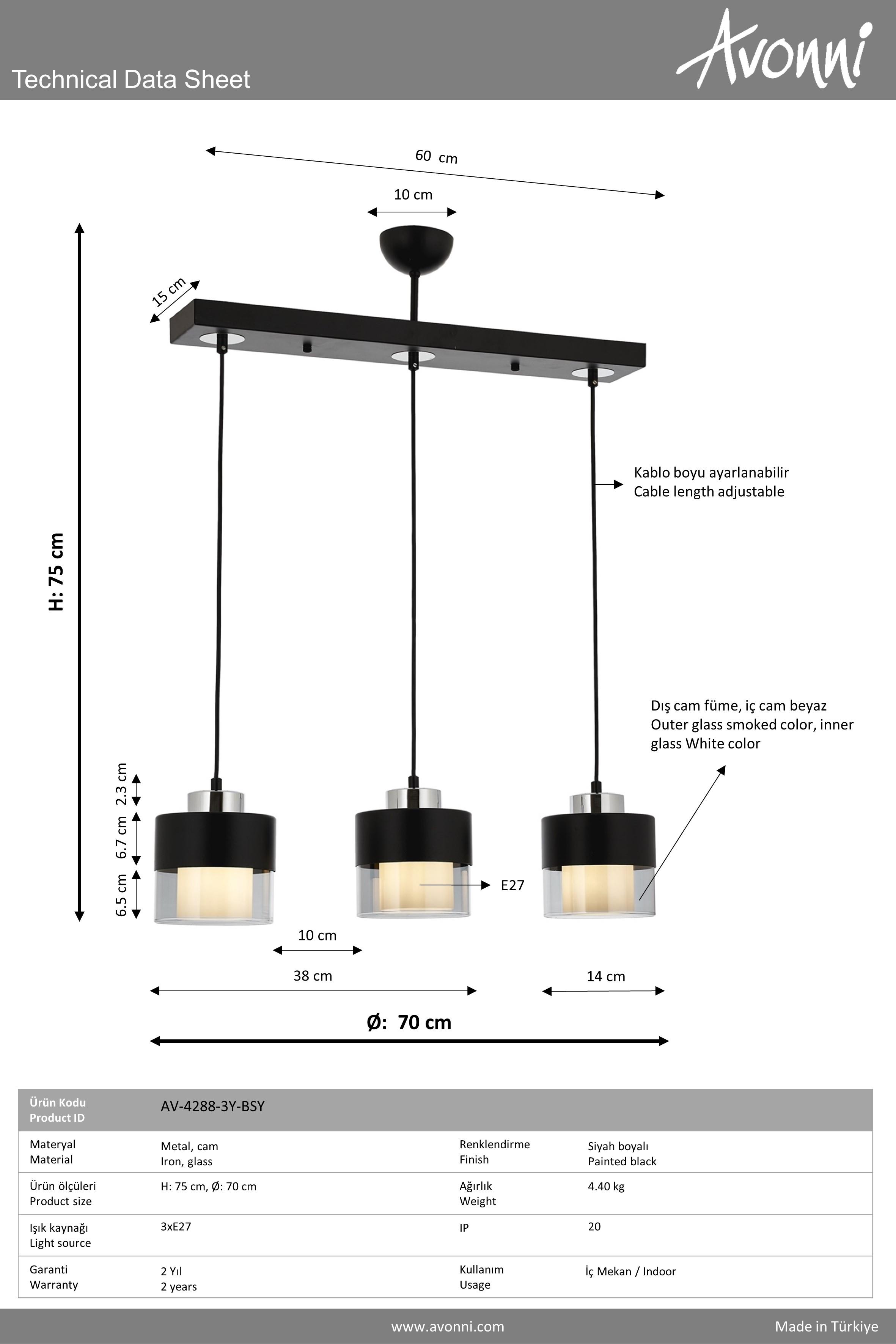 Avonni, 4288 Ailesi Siyah Boyalı Modern Avize