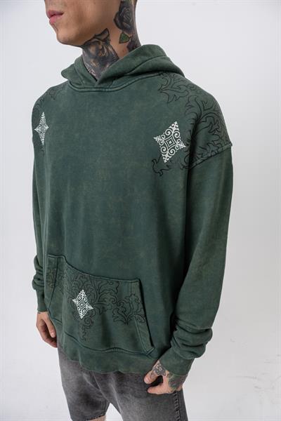 Erkek 10 Baskılı Yıkamalı Kapüşonlu Oversize Hoodie Yeşil