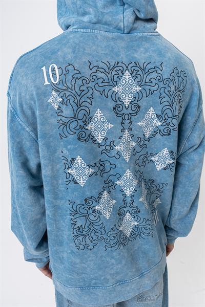 Erkek 10 Baskılı Yıkamalı Kapüşonlu Oversize Hoodie Mavi