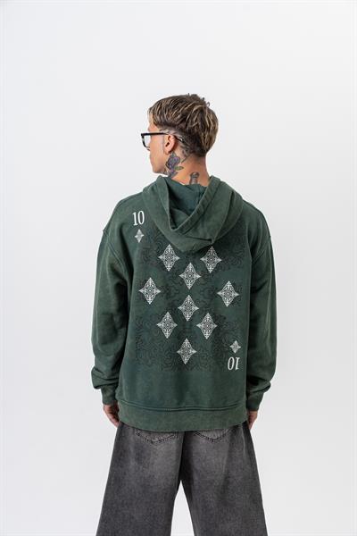 Erkek 10 Baskılı Yıkamalı Kapüşonlu Oversize Hoodie Yeşil