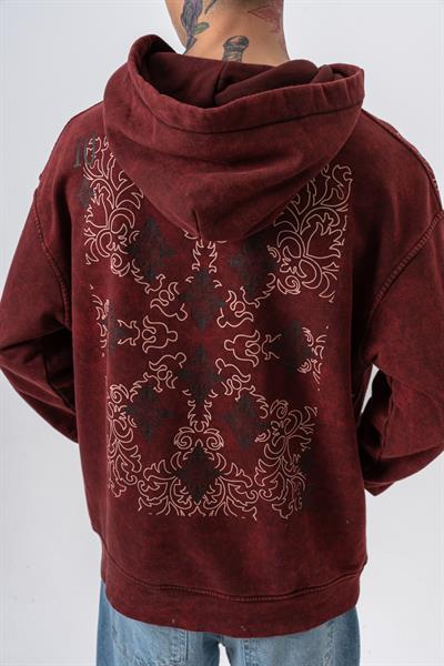 Erkek 10 Baskılı Yıkamalı Kapüşonlu Oversize Hoodie Bordo