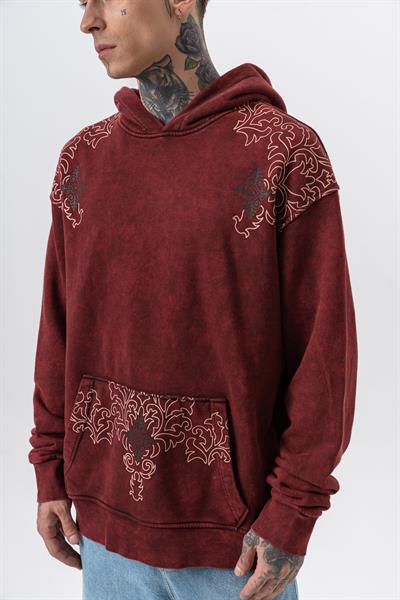 Erkek 10 Baskılı Yıkamalı Kapüşonlu Oversize Hoodie Bordo