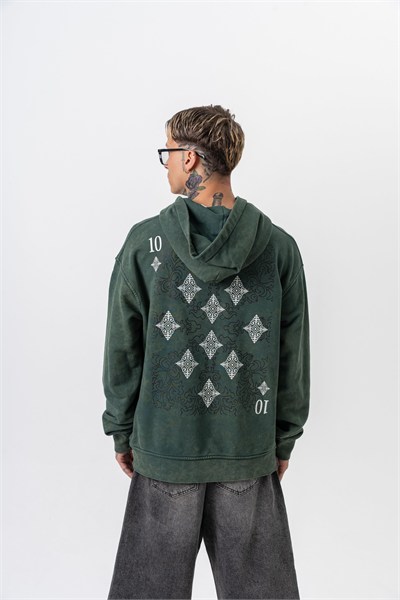 Erkek 10 Baskılı Yıkamalı Kapüşonlu Oversize Hoodie Yeşil