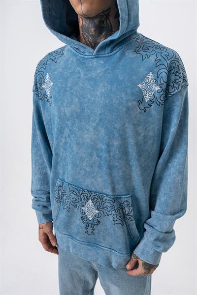 Erkek 10 Baskılı Yıkamalı Kapüşonlu Oversize Hoodie Mavi