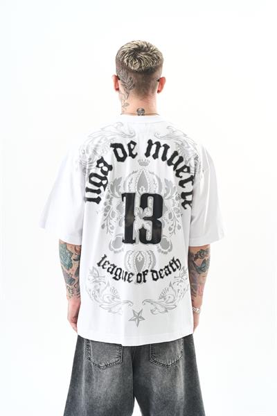 Erkek 13 Baskılı Oversize T-Shirt Beyaz