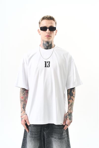 Erkek 13 Baskılı Oversize T-Shirt Beyaz