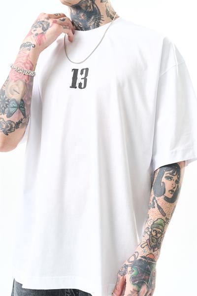 Erkek 13 Baskılı Oversize T-Shirt Beyaz