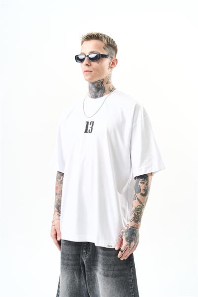 Erkek 13 Baskılı Oversize T-Shirt Beyaz