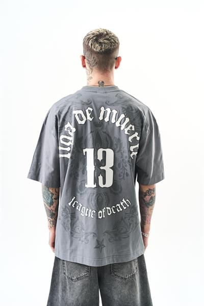 Erkek 13 Baskılı Oversize T-Shirt Füme