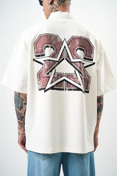 Erkek 22 Baskılı Yarım Fermuarlı Oversize T-Shirt Ekru