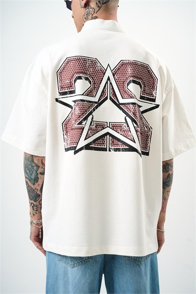 Erkek 22 Baskılı Yarım Fermuarlı Oversize T-Shirt Ekru