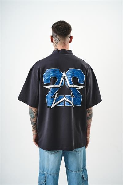 Erkek 22 Baskılı Yarım Fermuarlı Oversize T-Shirt füme