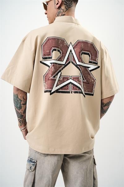 Erkek 22 Baskılı Yarım Fermuarlı Oversize T-Shirt Bej