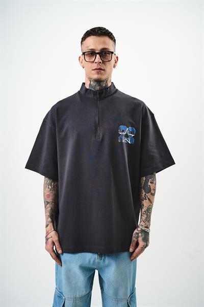 Erkek 22 Baskılı Yarım Fermuarlı Oversize T-Shirt füme