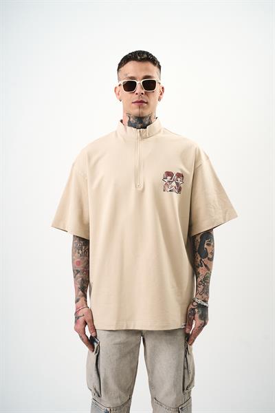 Erkek 22 Baskılı Yarım Fermuarlı Oversize T-Shirt Bej