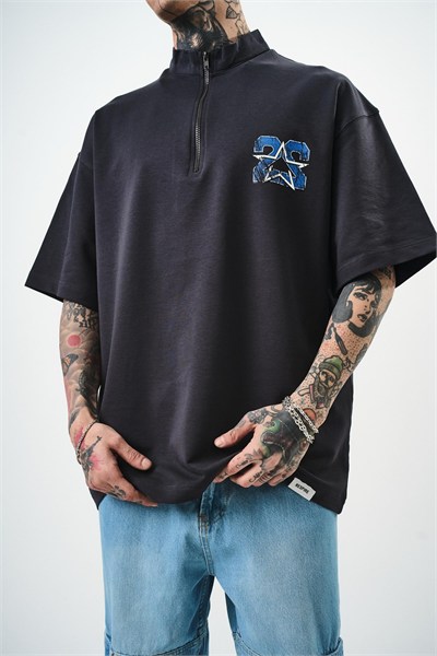 Erkek 22 Baskılı Yarım Fermuarlı Oversize T-Shirt füme