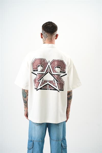 Erkek 22 Baskılı Yarım Fermuarlı Oversize T-Shirt Ekru