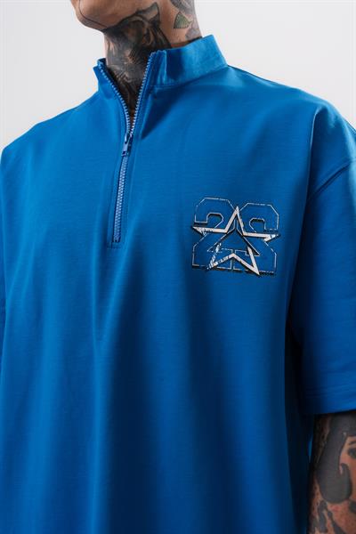 Erkek 22 Baskılı Yarım Fermuarlı Oversize T-Shirt Mavi