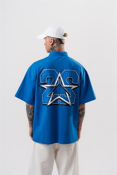 Erkek 22 Baskılı Yarım Fermuarlı Oversize T-Shirt Mavi