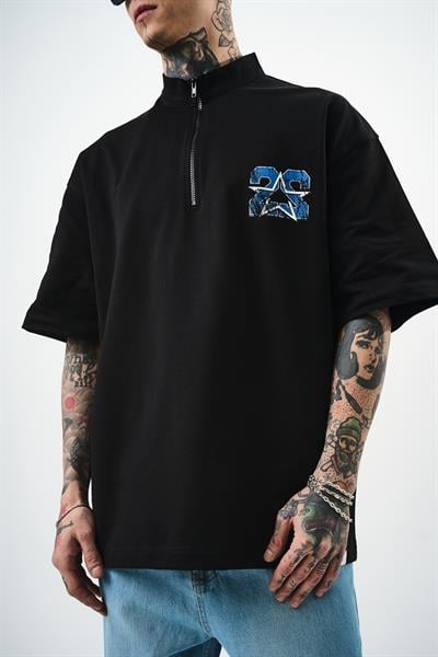 Erkek 22 Baskılı Yarım Fermuarlı Oversize T-Shirt Siyah