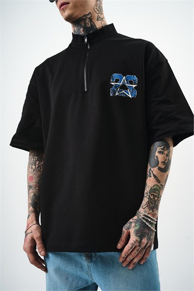 Erkek 22 Baskılı Yarım Fermuarlı Oversize T-Shirt Siyah
