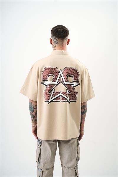 Erkek 22 Baskılı Yarım Fermuarlı Oversize T-Shirt Bej