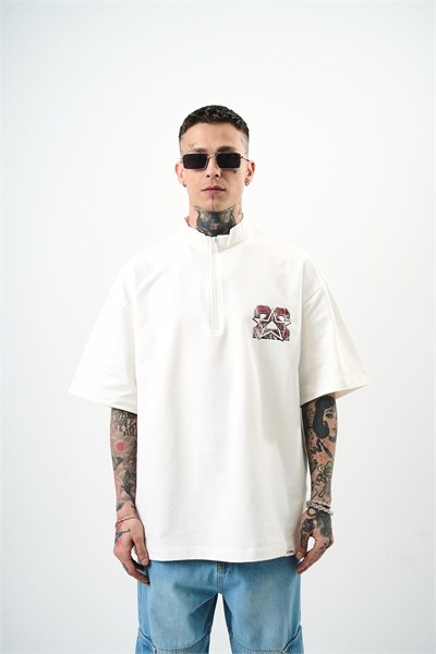Erkek 22 Baskılı Yarım Fermuarlı Oversize T-Shirt Ekru