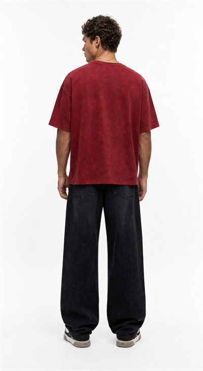 Erkek 22 Nakışlı Yıkamalı Oversize T-Shirt Bordo