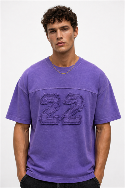 Erkek 22 Nakışlı Yıkamalı Oversize T-Shirt Mor