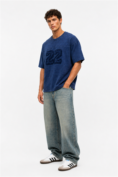 Erkek 22 Nakışlı Yıkamalı Oversize T-Shirt Lacivert
