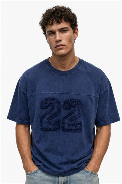 Erkek 22 Nakışlı Yıkamalı Oversize T-Shirt Lacivert