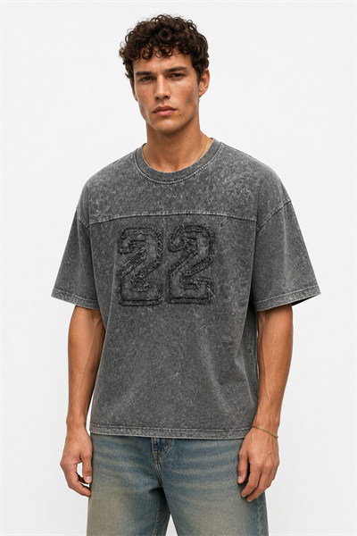 Erkek 22 Nakışlı Yıkamalı Oversize T-Shirt Siyah