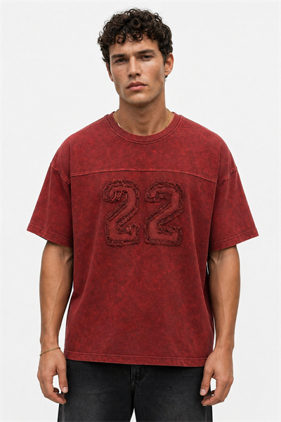 Erkek 22 Nakışlı Yıkamalı Oversize T-Shirt Bordo