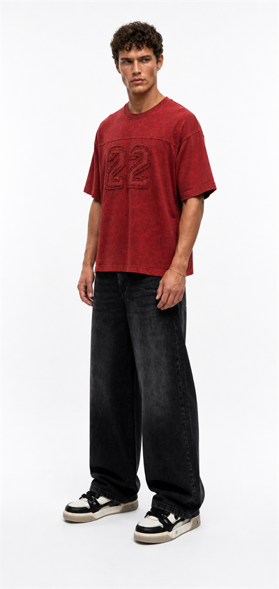 Erkek 22 Nakışlı Yıkamalı Oversize T-Shirt Bordo